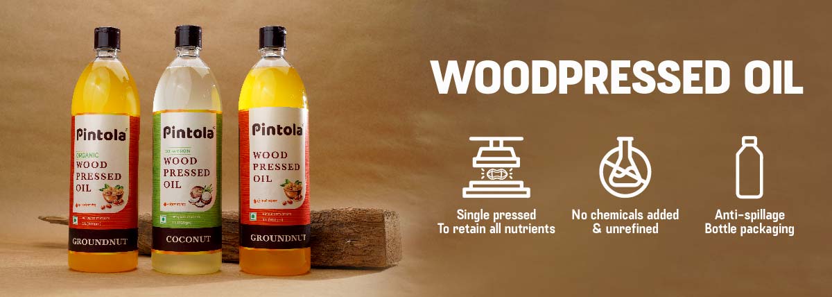 Pintola WoodPressed Groundnut & Coconut Oil - 100% Pure Oil & Chemical-Free Oil. Used for cooking, frying, sautéing & salads