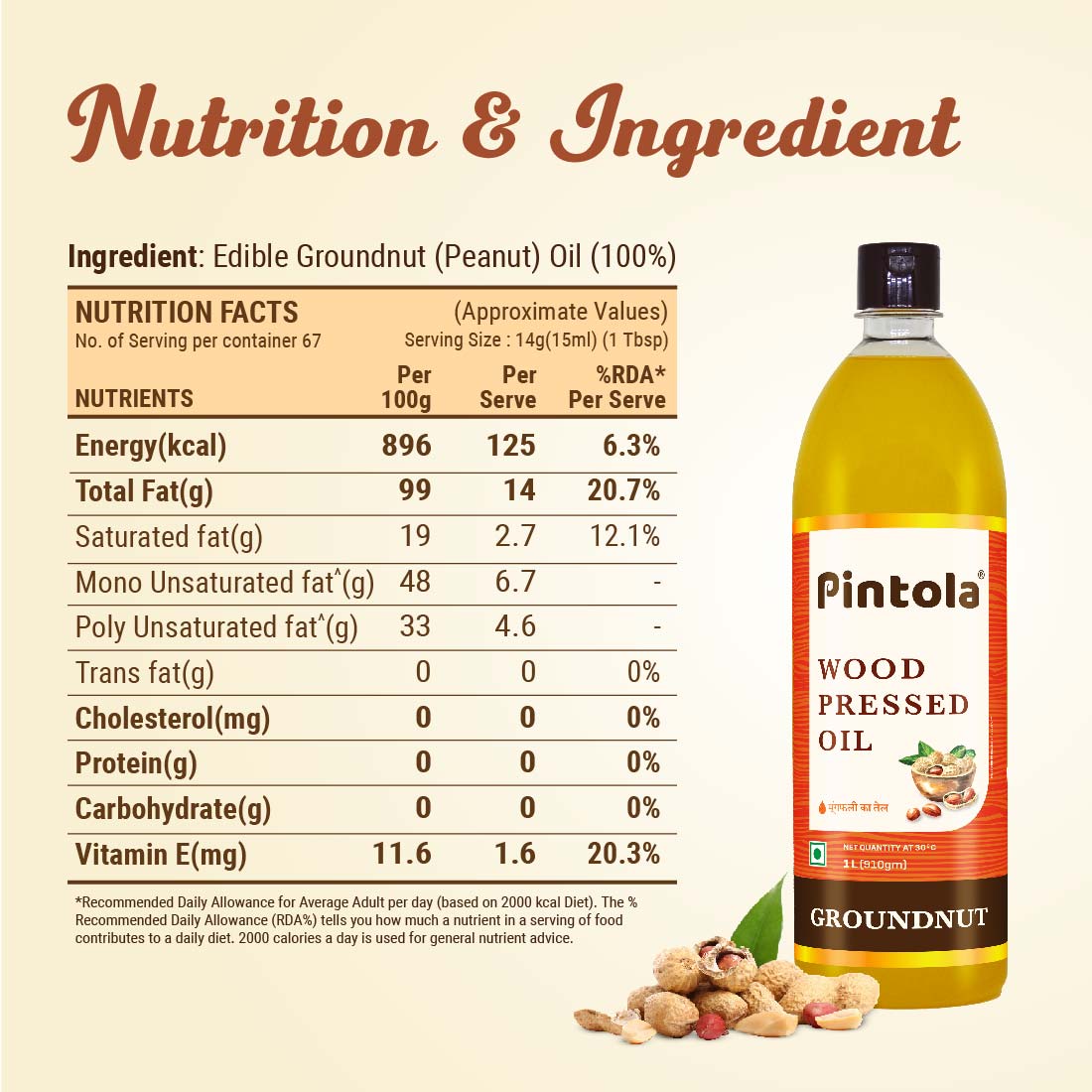 Pintola WoodPressed Groundnut/Peanut Oil - 100% Pure and Chemical-Free (1000 ml)