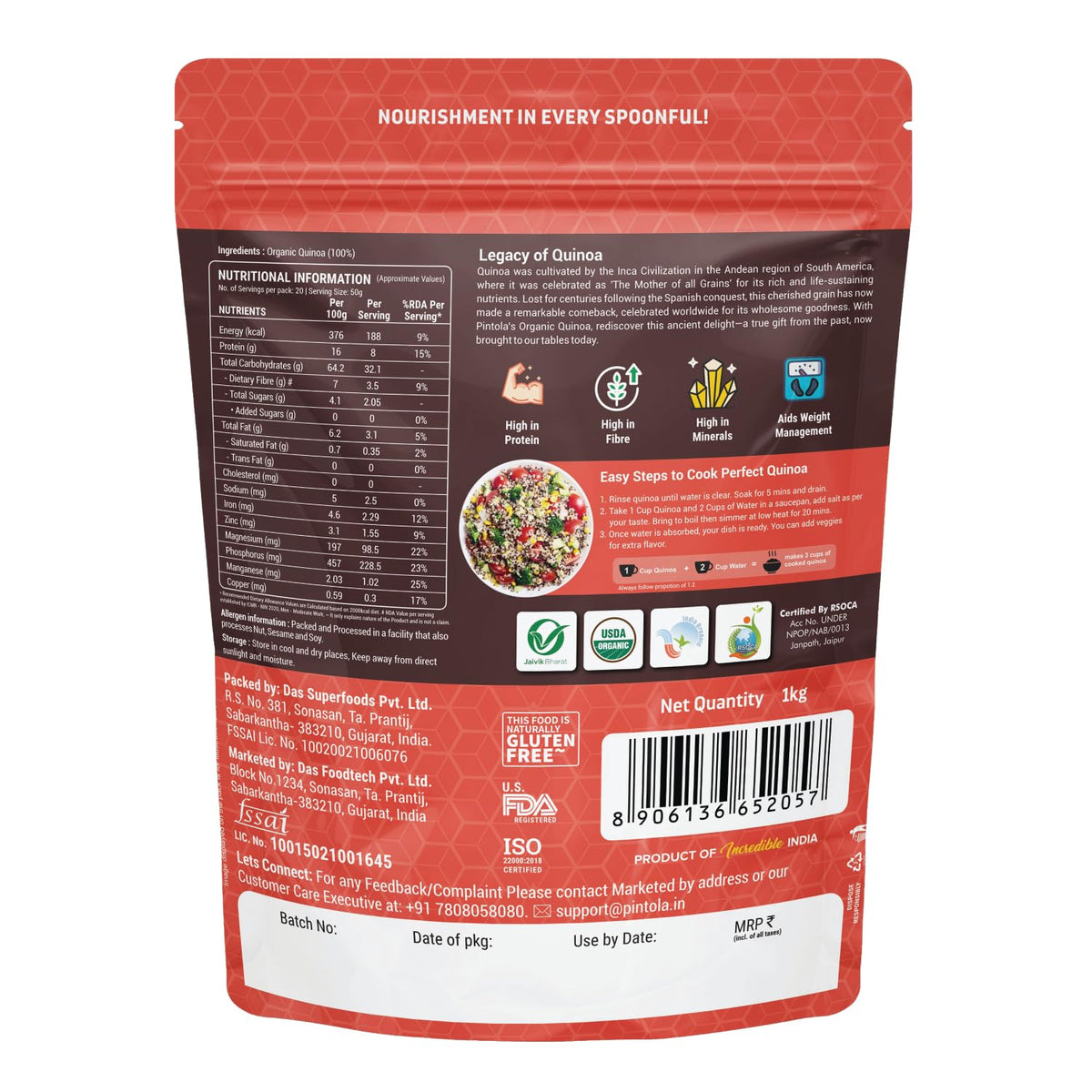 Pintola Organic Quinoa, High in Protein, Fibre, Minerals, Cholesterol-Free, Gluten-Free, Aids Weight Management