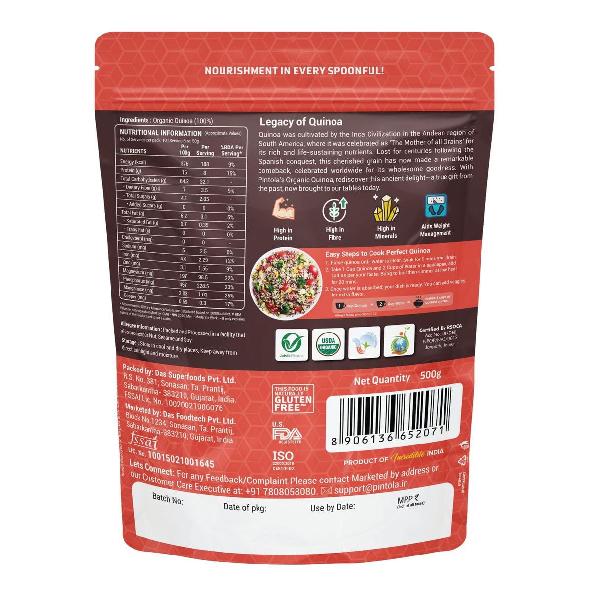 Pintola Organic Quinoa, High in Protein, Fibre, Minerals, Cholesterol-Free, Gluten-Free, Aids Weight Management