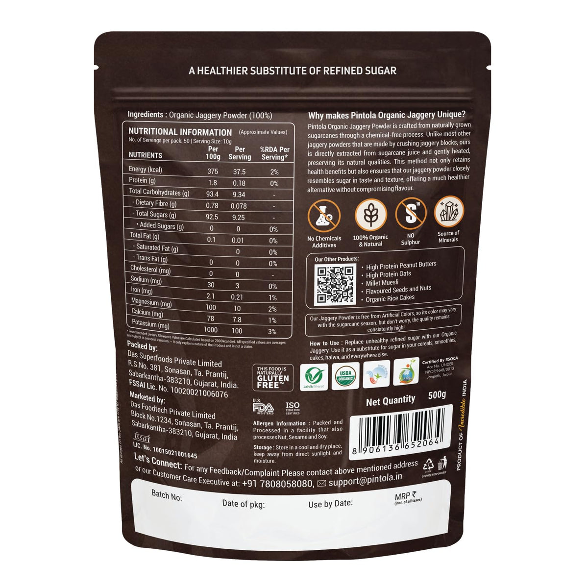 Pintola Organic Jaggery Powder, 100% Organic &amp; Natural